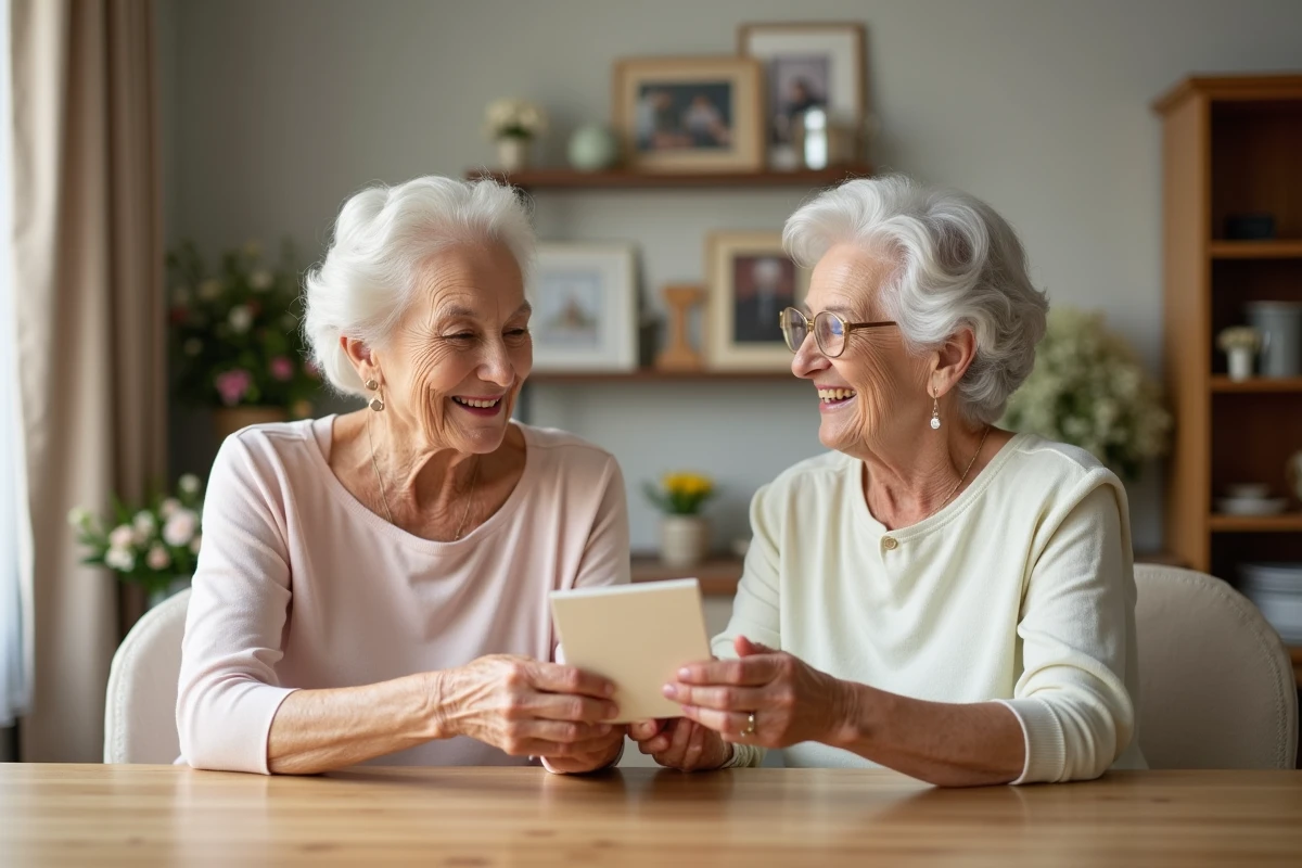 Deux femmes âgées échangeant un message de félicitations dans un intérieur chaleureux