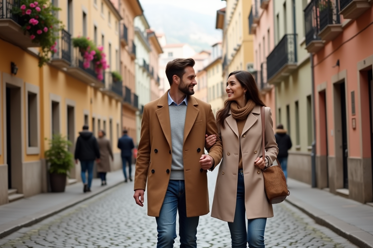 Jeune couple en promenade dans une rue européenne charmante