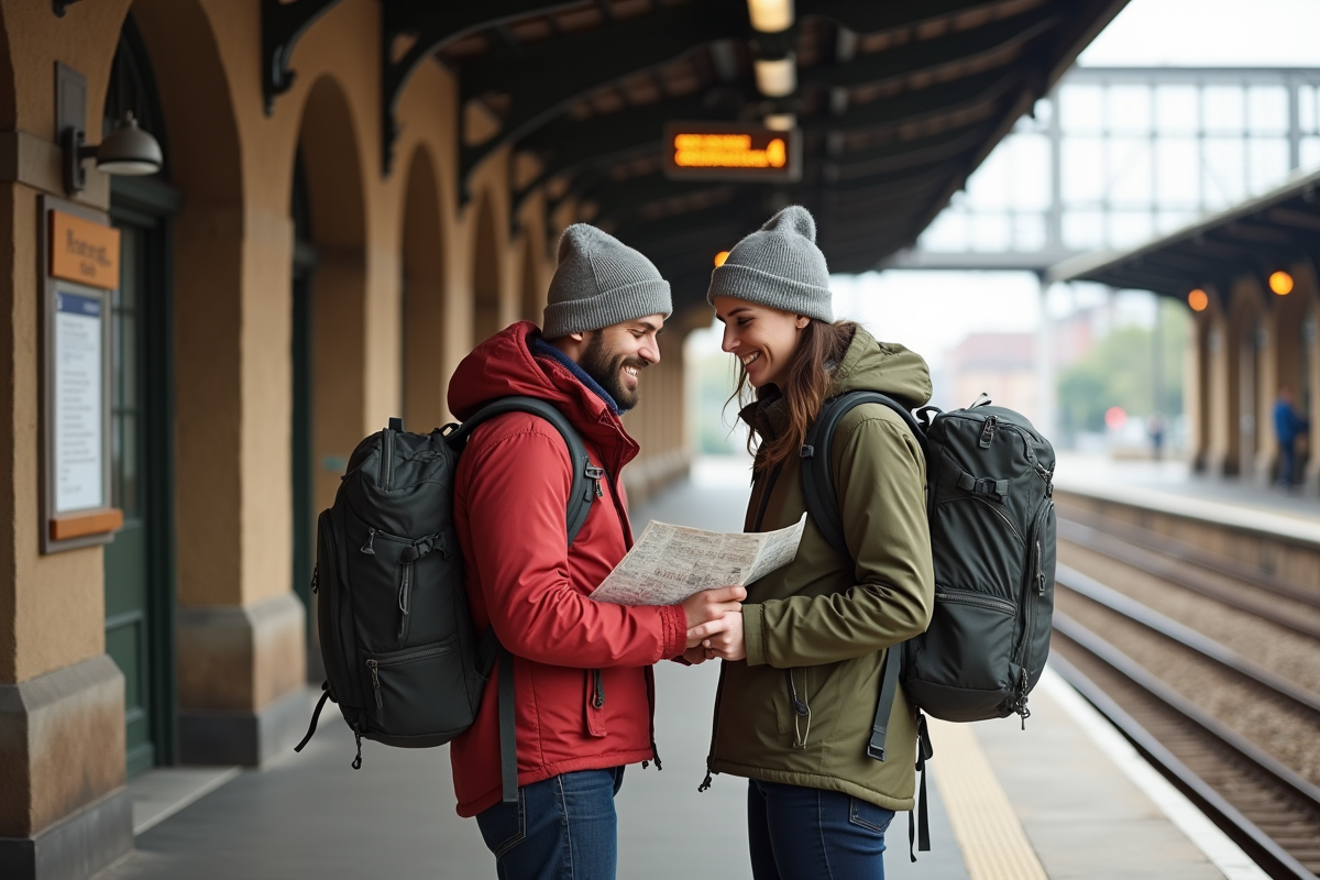 Jeune couple avec sacs à la gare en voyage en Europe