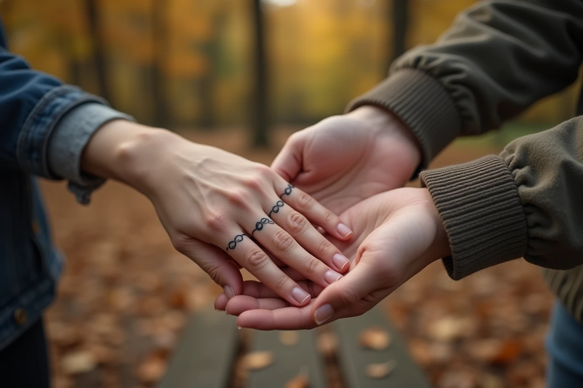 Mains entrelacées d'un couple avec des tatouages alliance infini assortis sur les doigts annulaires en extérieur automnal