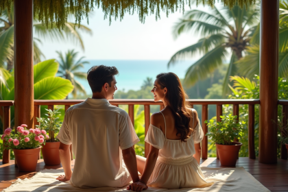 Jeune couple sur une veranda tropicale en plein air