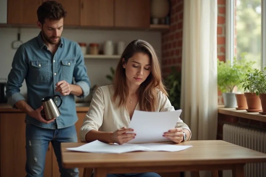 Couple partageant un moment complice dans une cuisine moderne, illustrant l'équilibre entre vie privée et décisions de couple