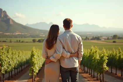 Jeune couple souriant devant un vignoble sud-africain