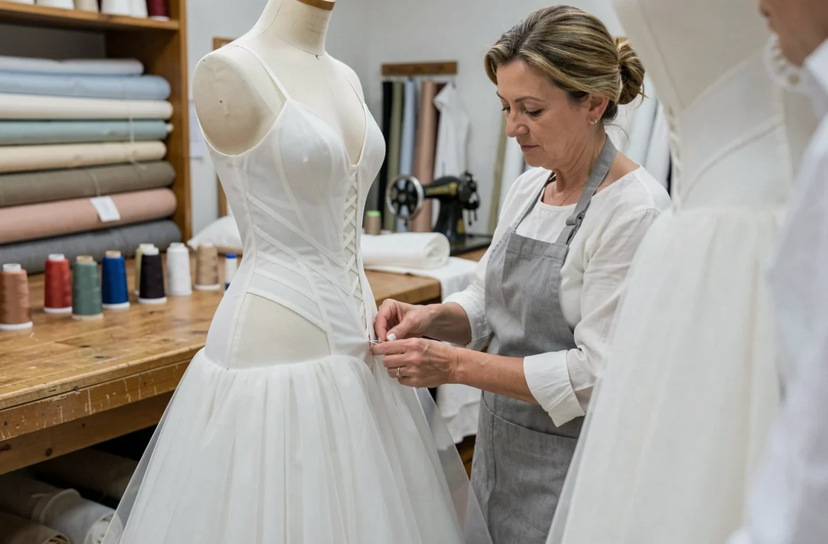 Couturière épinglant l'ourlet d'une robe de mariée blanche sur un mannequin de couture dans un atelier de confection artisanal