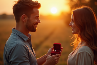 Homme proposant mariage au coucher du soleil avec femme surprise