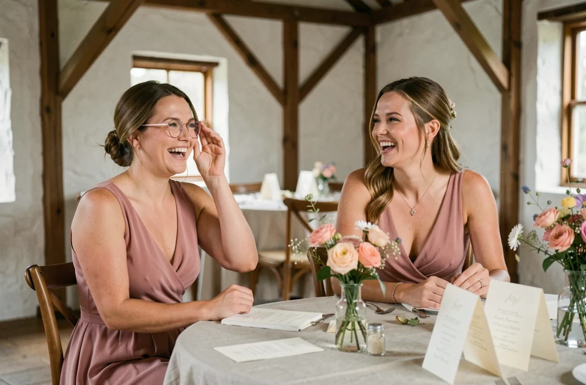 Deux demoiselles d'honneur en robes rose poudré, l'une ajustant ses lunettes œil-de-chat dorées lors d'une réception champêtre