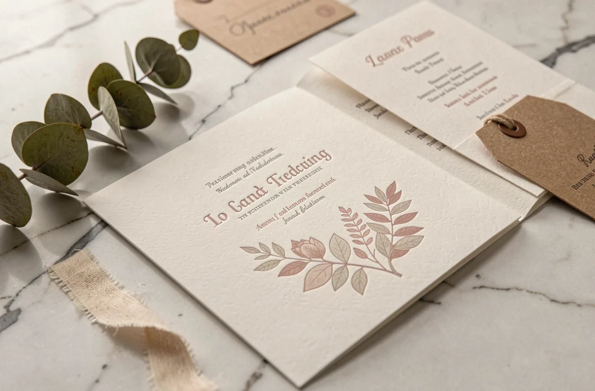 Détail d'un carton d'invitation de mariage avec typographie élégante et illustration botanique sur marbre blanc