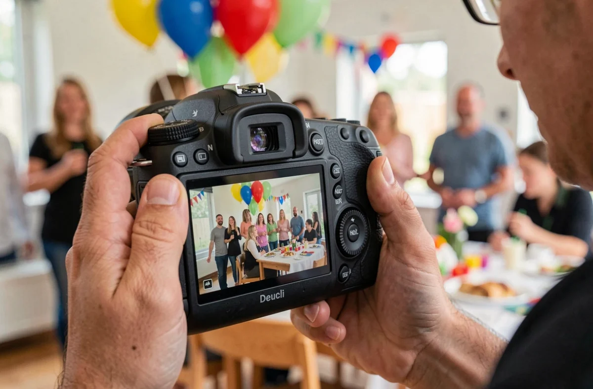 Gros plan sur les mains d'un photographe consultant son appareil lors d'un événement familial à Noisy-le-Grand