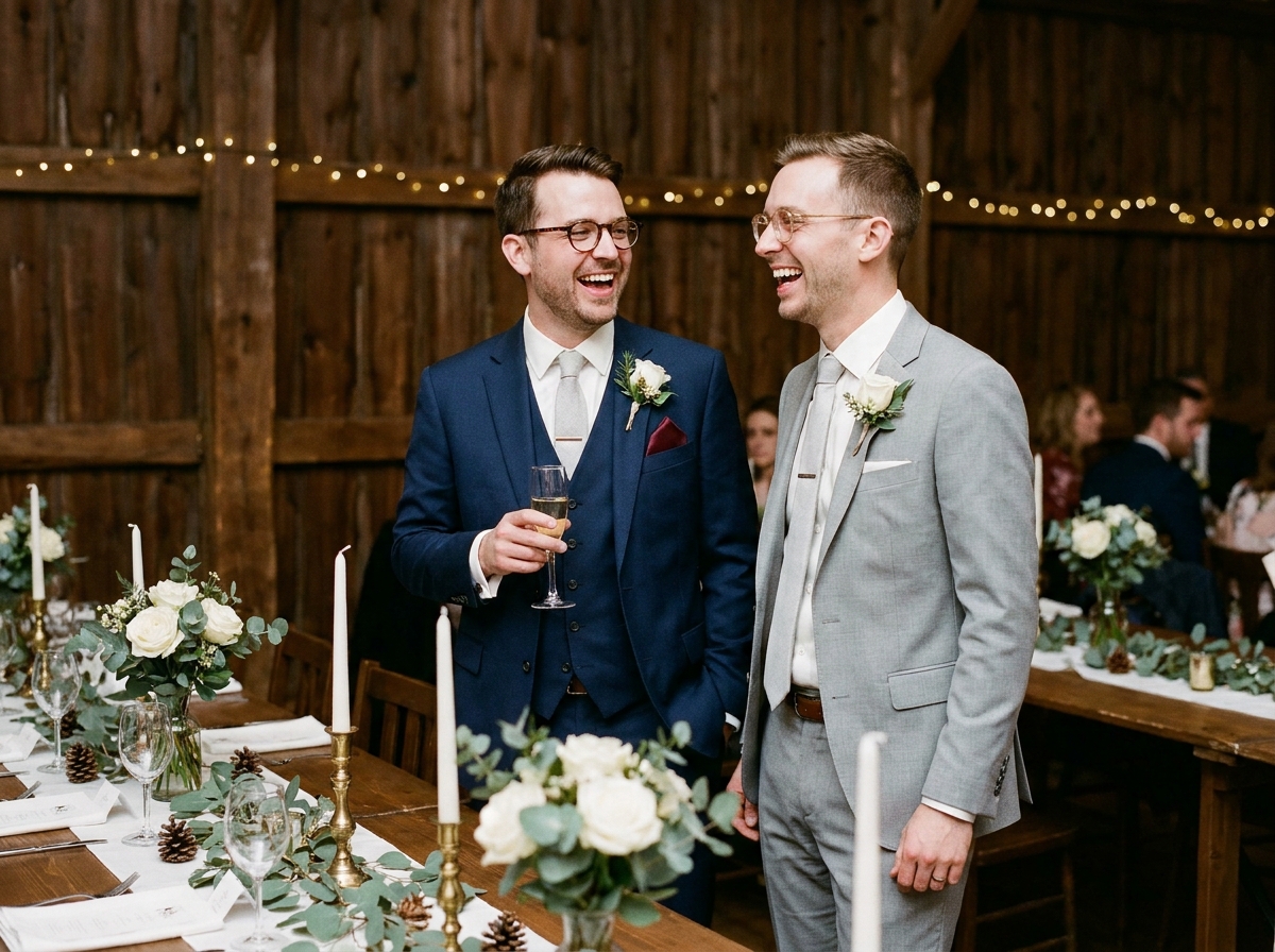 Deux mariés élégants portant des lunettes tendance riant ensemble lors d'une réception de mariage d'hiver chic