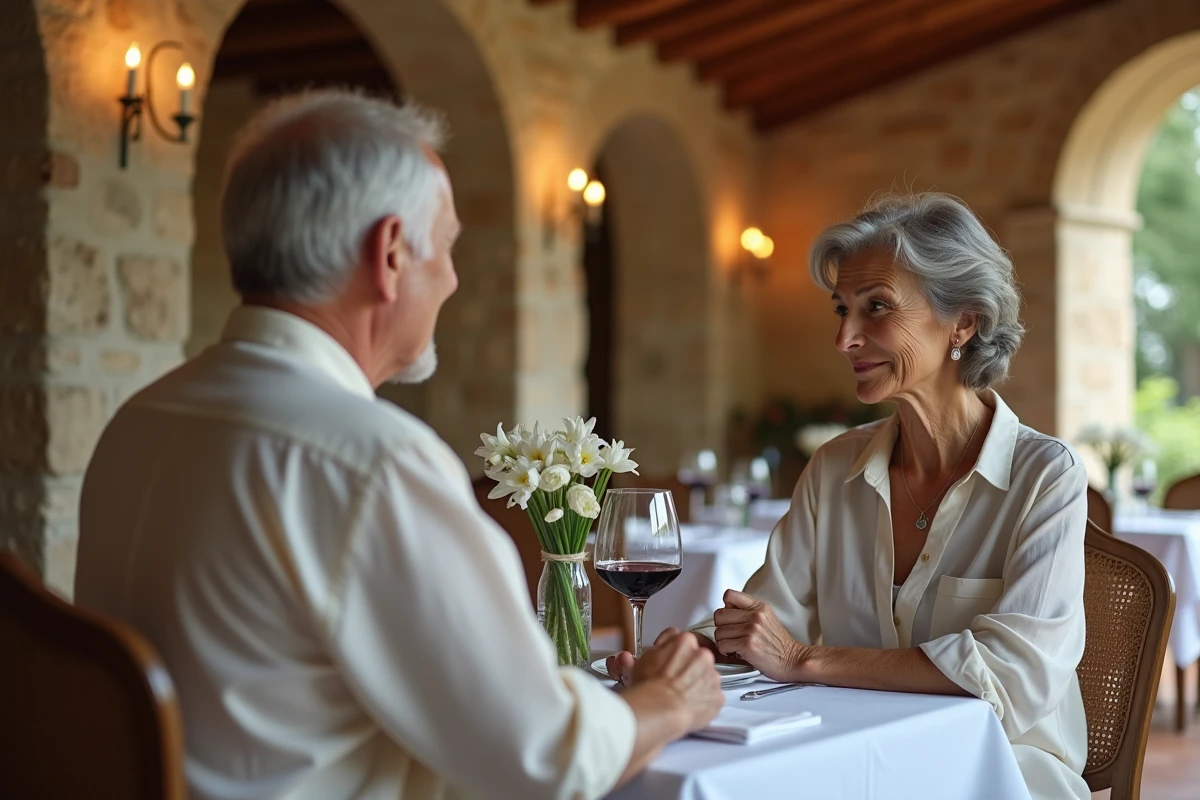 Mari et femme dînant en tête-à-tête dans un restaurant provençal pour célébrer leurs 36 ans de mariage et les noces de mousseline