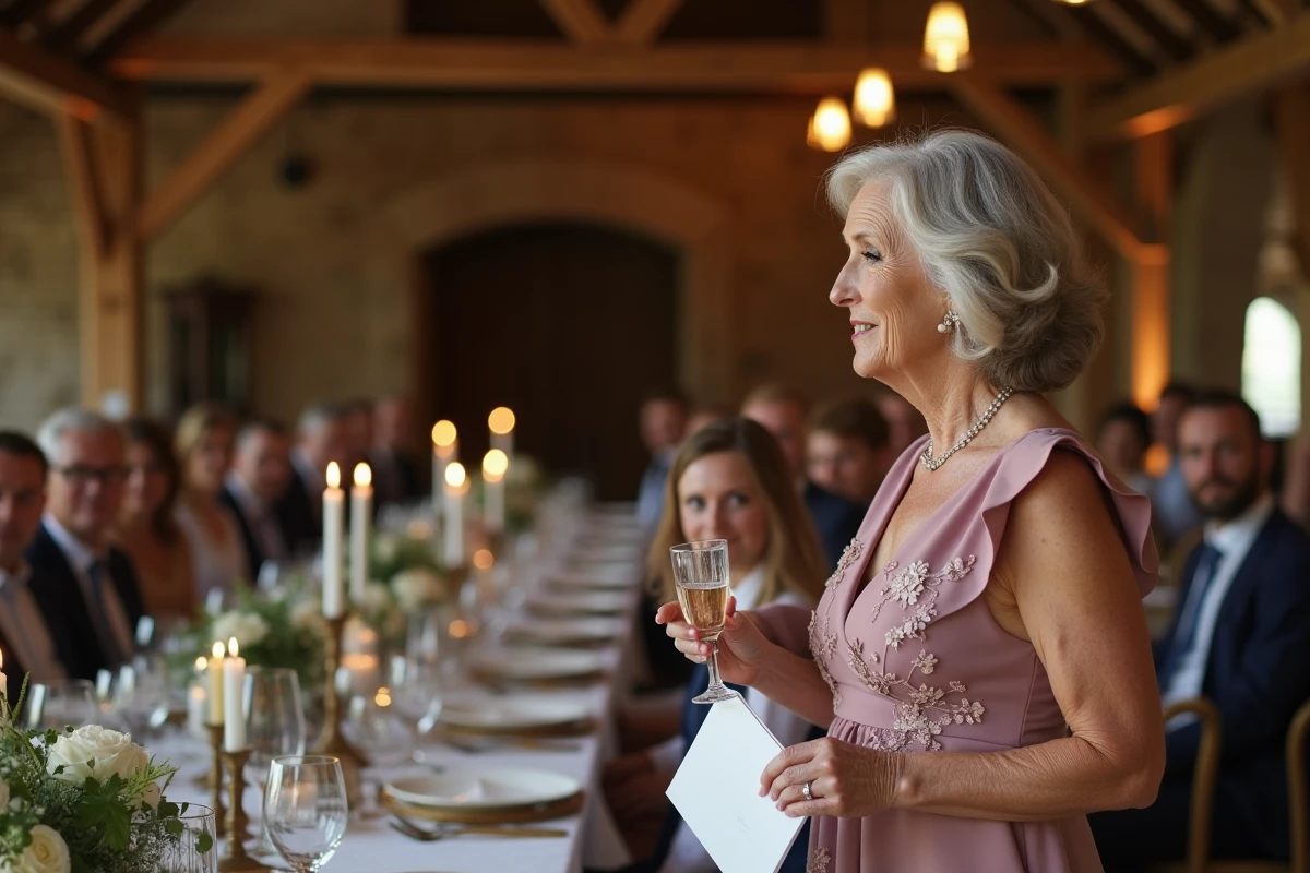 Mère de la mariée faisant un discours intime lors d'un repas de mariage en petit comité dans une grange rénovée