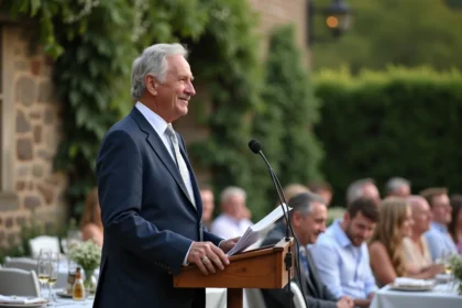 Père du marié prononçant un discours émouvant lors d'un mariage intimiste en petit comité dans un jardin fleuri