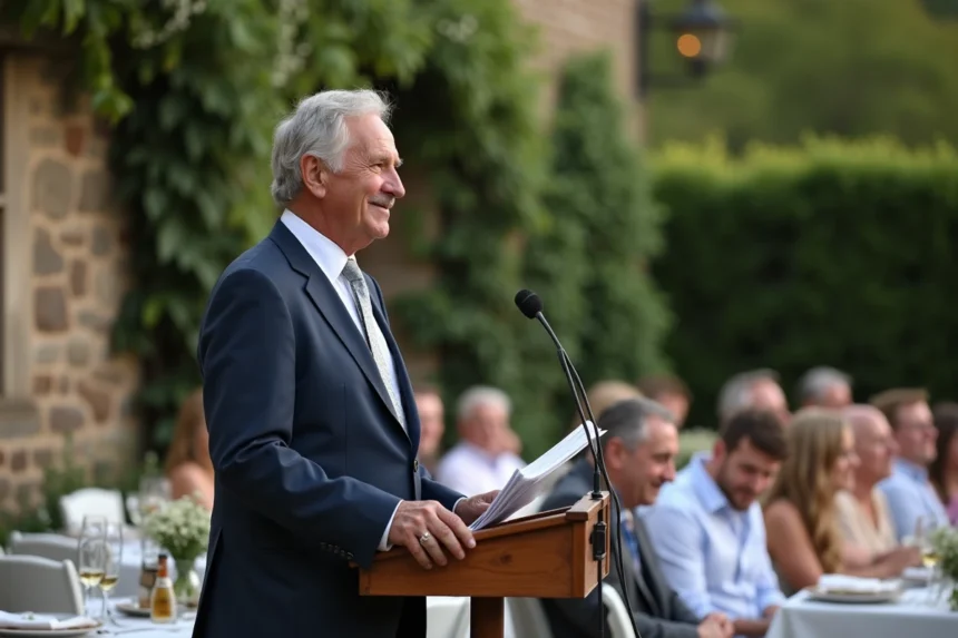 Père du marié prononçant un discours émouvant lors d'un mariage intimiste en petit comité dans un jardin fleuri