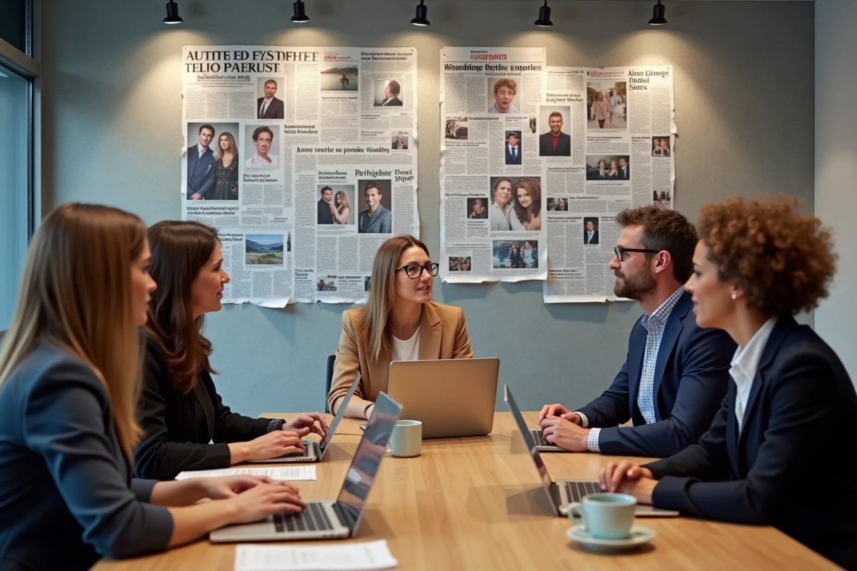 Journalistes discutant autour d un mur de coupures de presse