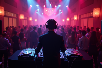 DJ professionnel lors d'une soirée d'entreprise élégante avec équipement haut de gamme
