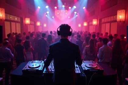 DJ professionnel lors d'une soirée d'entreprise élégante avec équipement haut de gamme