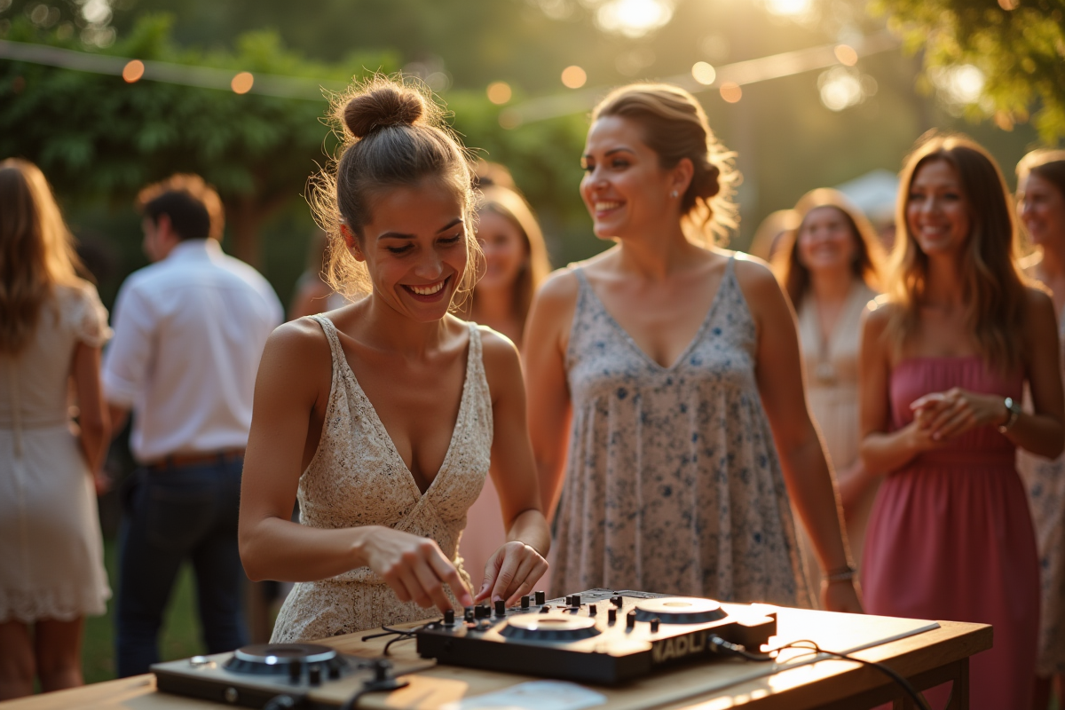 DJ animant un mariage en plein air avec invités souriants et décorations festives