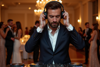 DJ en costume lors d'une réception de mariage élégante