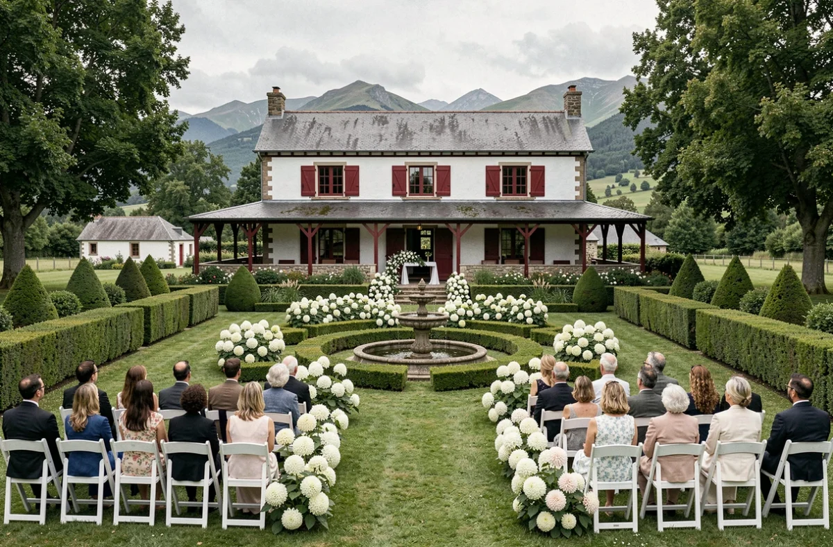 Cérémonie de mariage dans le jardin du Domaine Berrua avec la ferme basque traditionnelle en arrière-plan