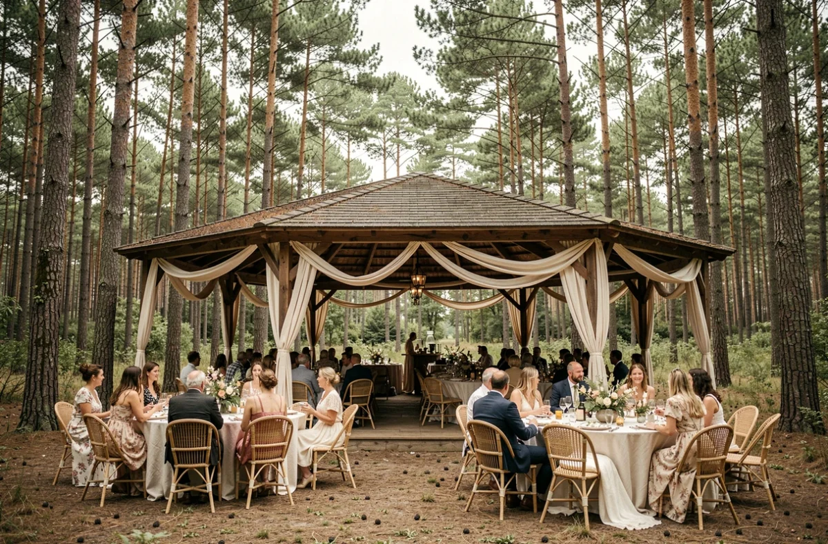 Réception de mariage nature sous un pavillon en bois entouré de pins maritimes au Domaine de Baulieu dans les Landes