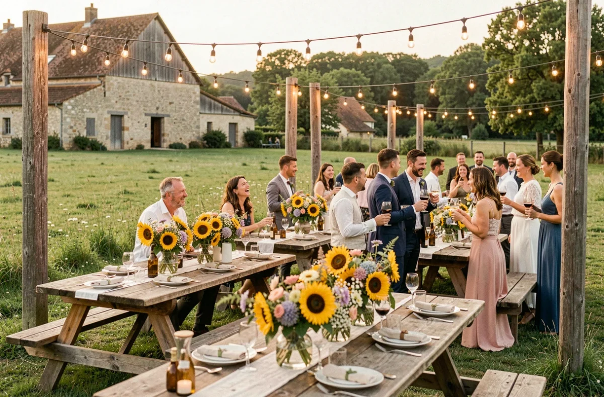 Mariage champêtre en plein air au Domaine de la Gravière dans la Vienne avec tables en bois et décorations florales champêtres