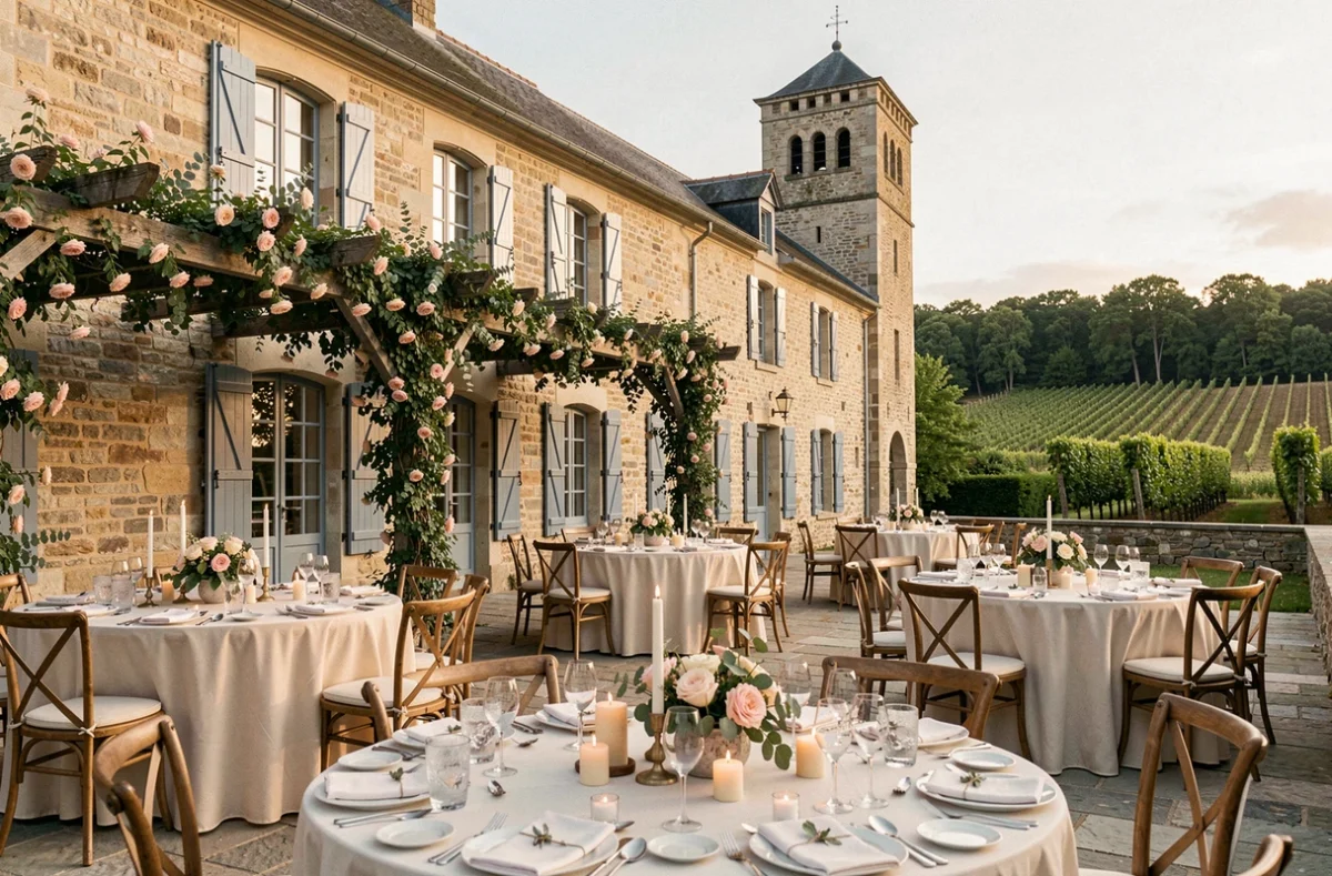 Terrasse de réception du Domaine de Poudepé décorée pour un mariage, avec vue sur le paysage béarnais