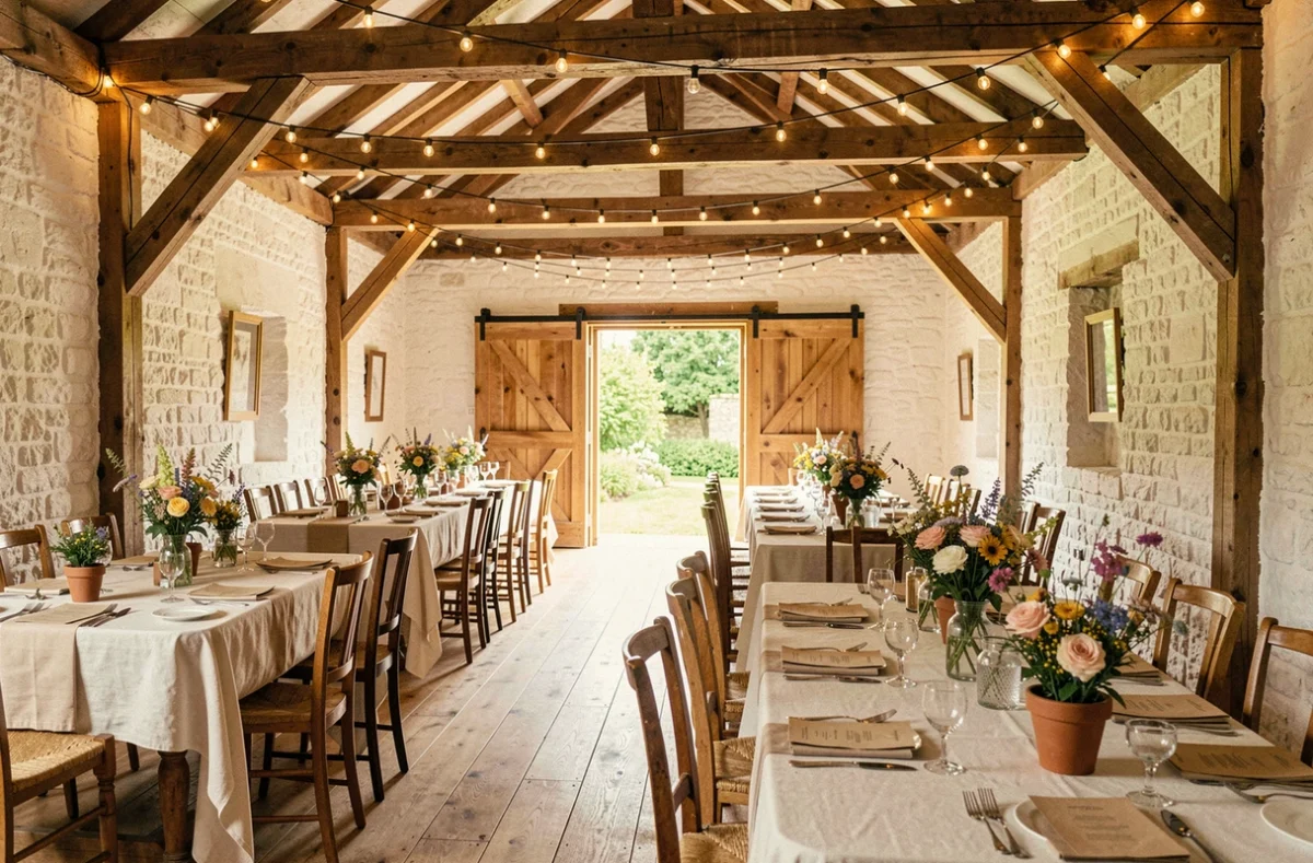 Intérieur de la salle de réception du Domaine O Petit Bonheur, grange rénovée décorée pour un mariage champêtre