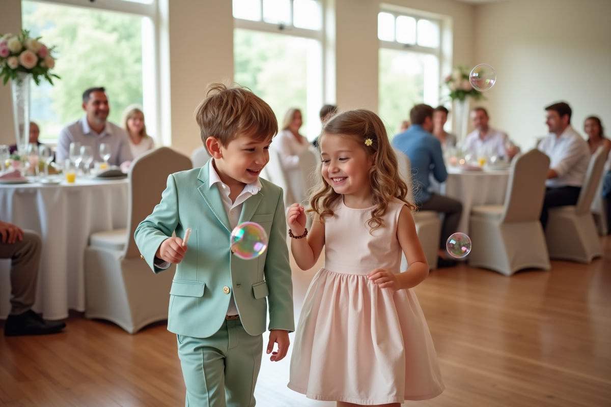 Enfants soufflant des bulles de savon dans une réception lumineuse