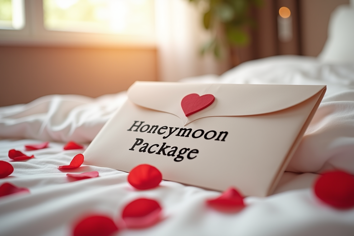 Enveloppe avec package lune de miel sur lit romantique pour l article sur le titre