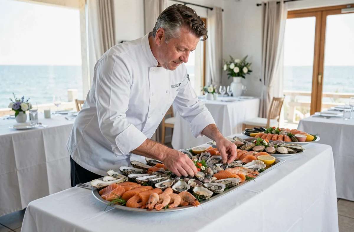 Maître artisan traiteur de L'Escale de Lupin dressant un plateau de fruits de mer raffiné dans un lieu de réception côtier en Charente-Maritime