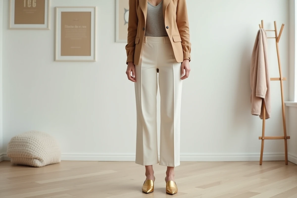 Femme en appartement minimaliste portant des escarpins dorés de mariage avec un pantalon large ivoire et un blazer camel