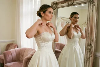 Femme essayant une robe bustier de mariée ivoire devant un miroir dans une boutique de mariage, ajustant le décolleté avec les mains