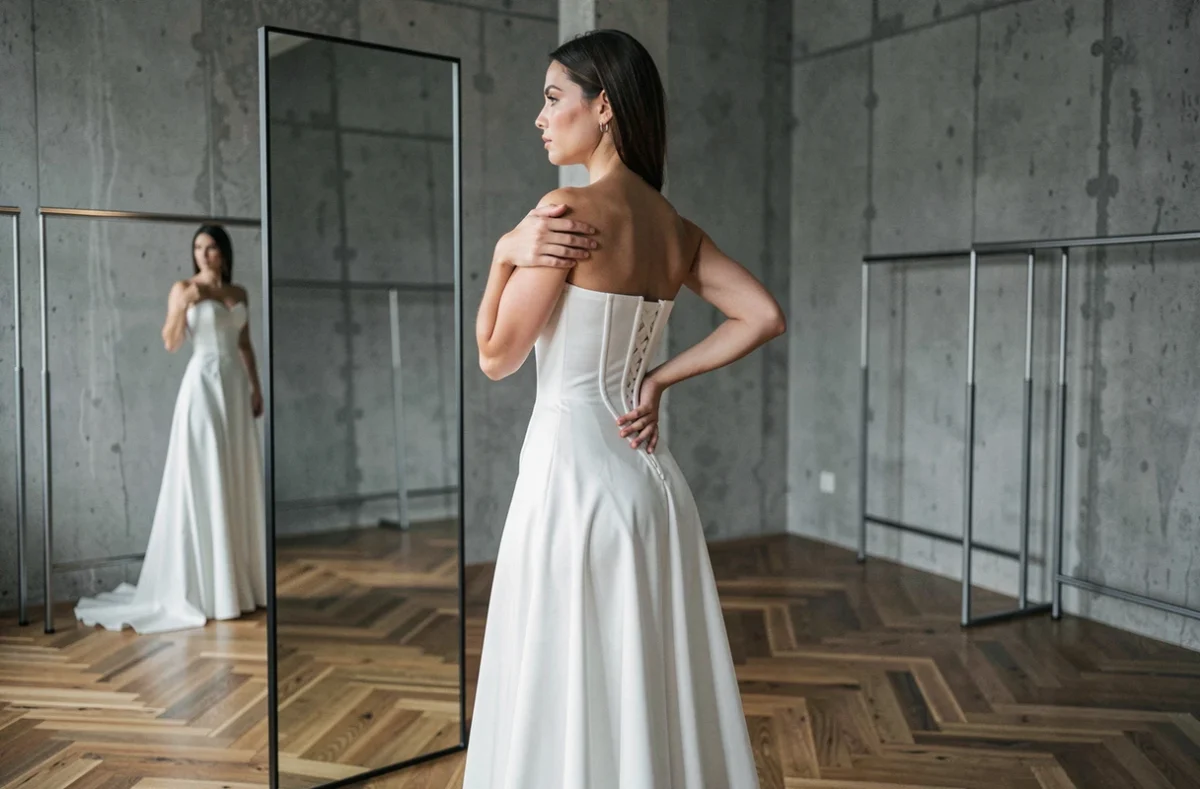 Femme de profil en robe bustier de mariée blanche vérifiant sa silhouette devant un miroir dans un atelier de couture moderne