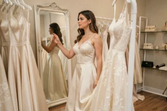 Jeune femme essayant une robe de mariée en satin ivoire dans une boutique de mariage élégante, entourée de robes exposées sur des portants blancs