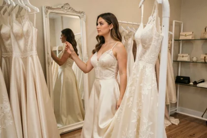 Jeune femme essayant une robe de mariée en satin ivoire dans une boutique de mariage élégante, entourée de robes exposées sur des portants blancs