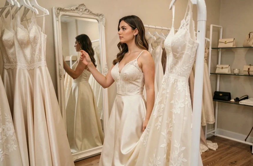 Jeune femme essayant une robe de mariée en satin ivoire dans une boutique de mariage élégante, entourée de robes exposées sur des portants blancs
