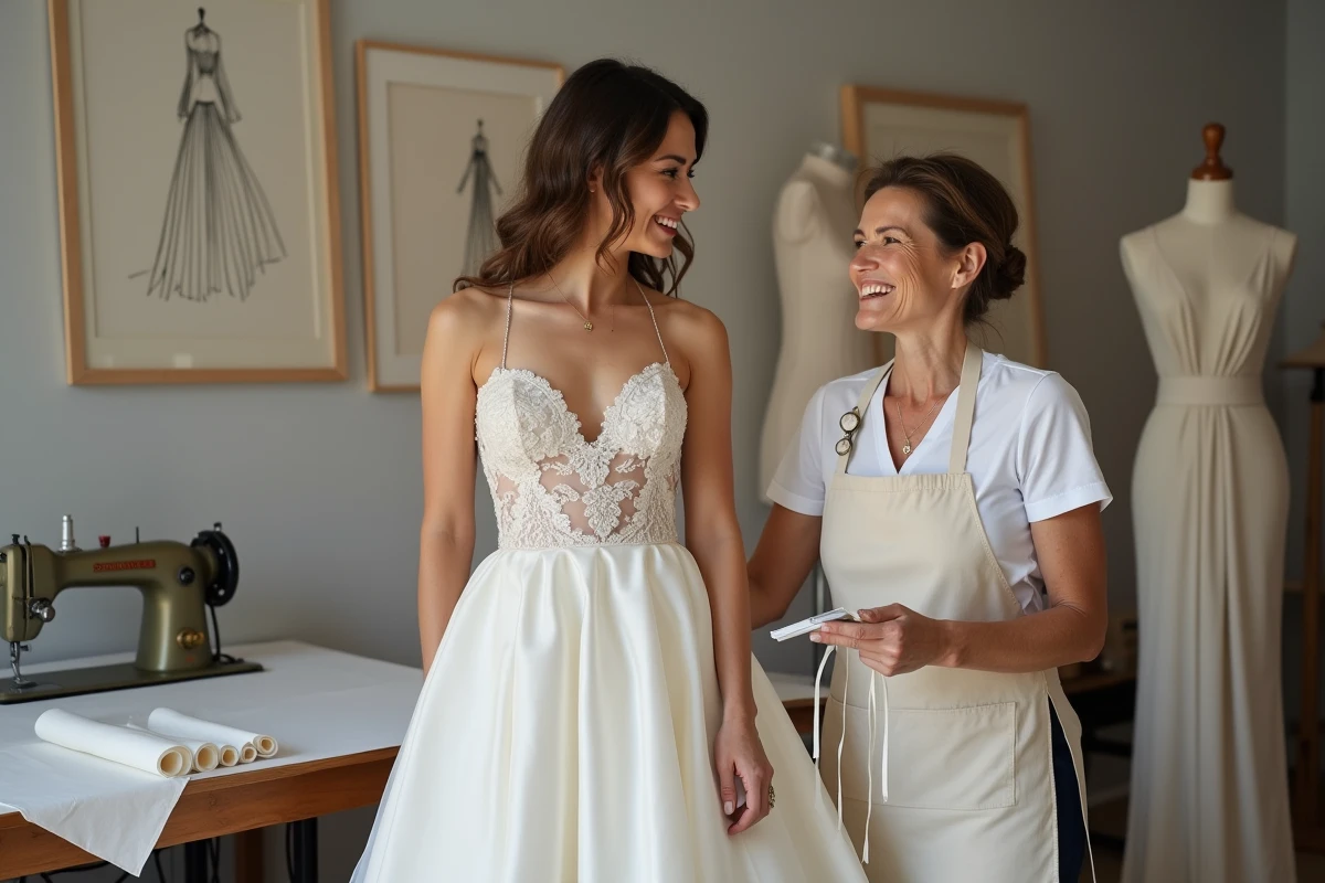 Essayage d'une robe de mariée dans un atelier de créatrice avec une couturière ajustant une robe non terminée