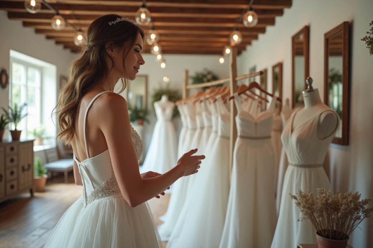 Femme essayant une robe de mariée bohème abordable en tulle dans une boutique rustique au décor champêtre