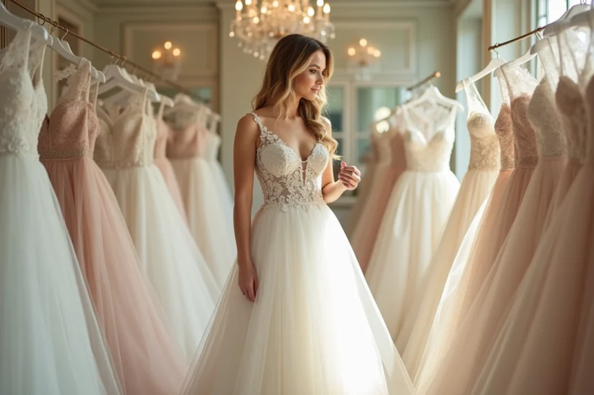 Jeune femme essayant une robe de mariée princesse en dentelle dans une boutique de mariage, examinant le prix de l'étiquette avec une expression réfléchie