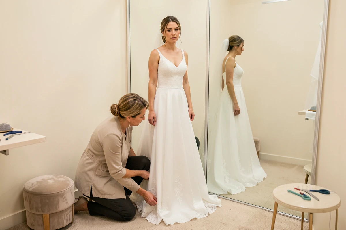 Mariée en robe blanche devant un miroir en pied lors d'un essayage, couturière ajustant l'ourlet, illustrant les coûts d'altération imprévus