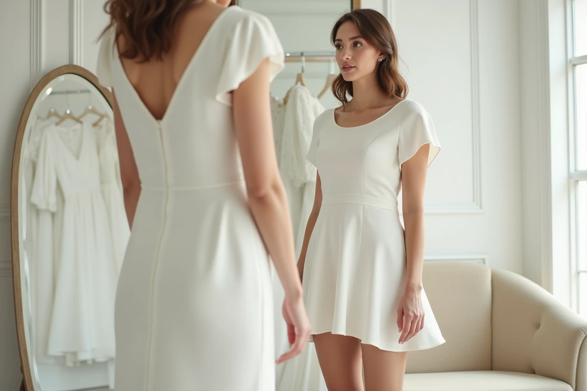 Essayage d'une robe trapèze courte en crêpe blanc dans une boutique de mariage