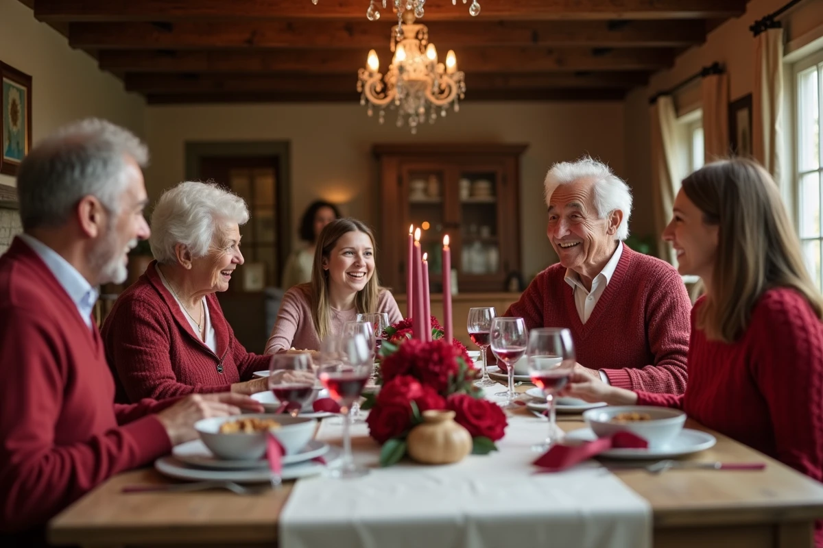 Famille réunie autour d'une grande table en bois pour célébrer les 35 ans de mariage des grands-parents avec des décorations rubis