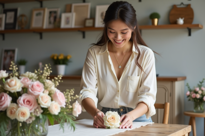 Jeune femme arrangeant des centres de fleurs pastel pour un mariage