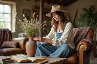 Femme en blouse crème et chapeau arrangeant des fleurs