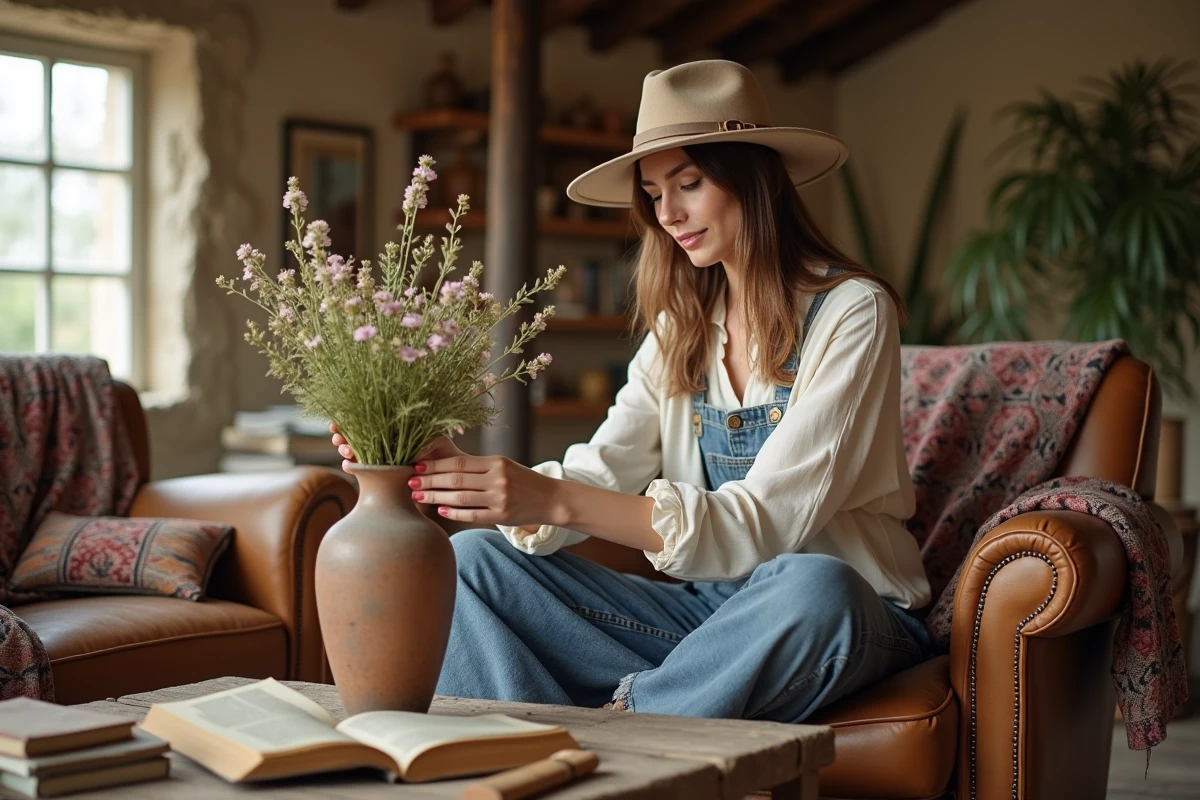 Femme en blouse crème et chapeau arrangeant des fleurs