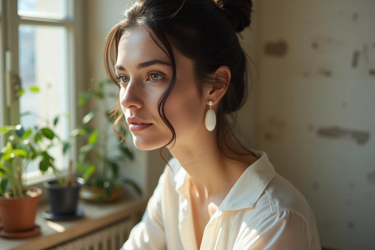 Femme portant une boucle d'oreille marie en porcelaine dans un appartement parisien, portrait trois quarts mettant en valeur le bijou délicat
