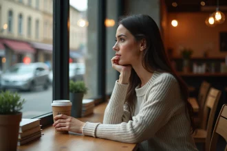 Femme pensant au café près de la fenêtre