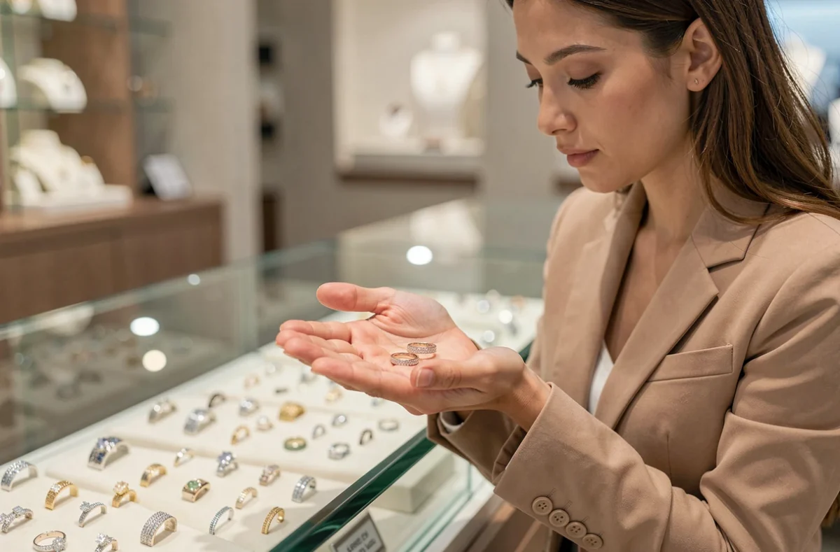 Femme choisissant une bague assortie couple dans une bijouterie