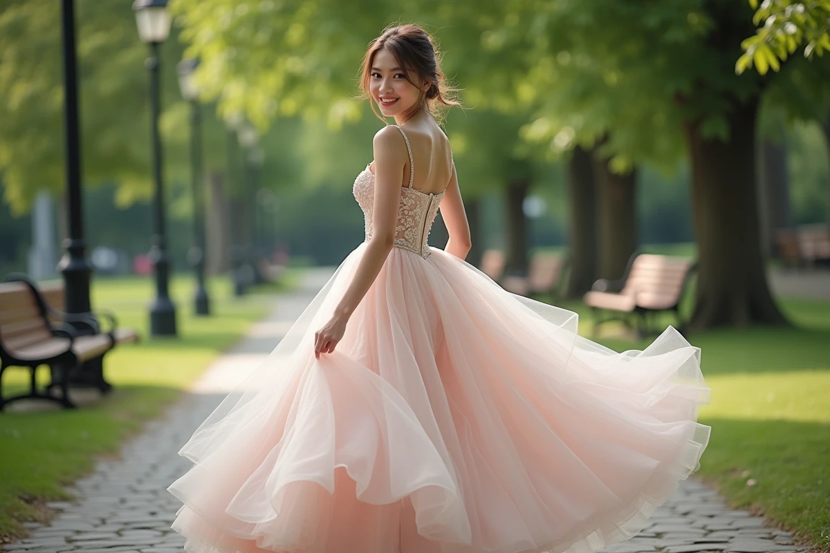 Jeune femme en robe de mariée dans un parc verdoyant