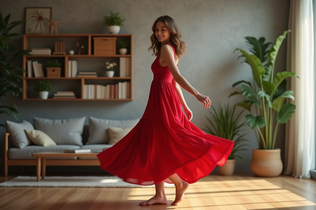 Femme en robe rouge dansant seule dans un salon moderne